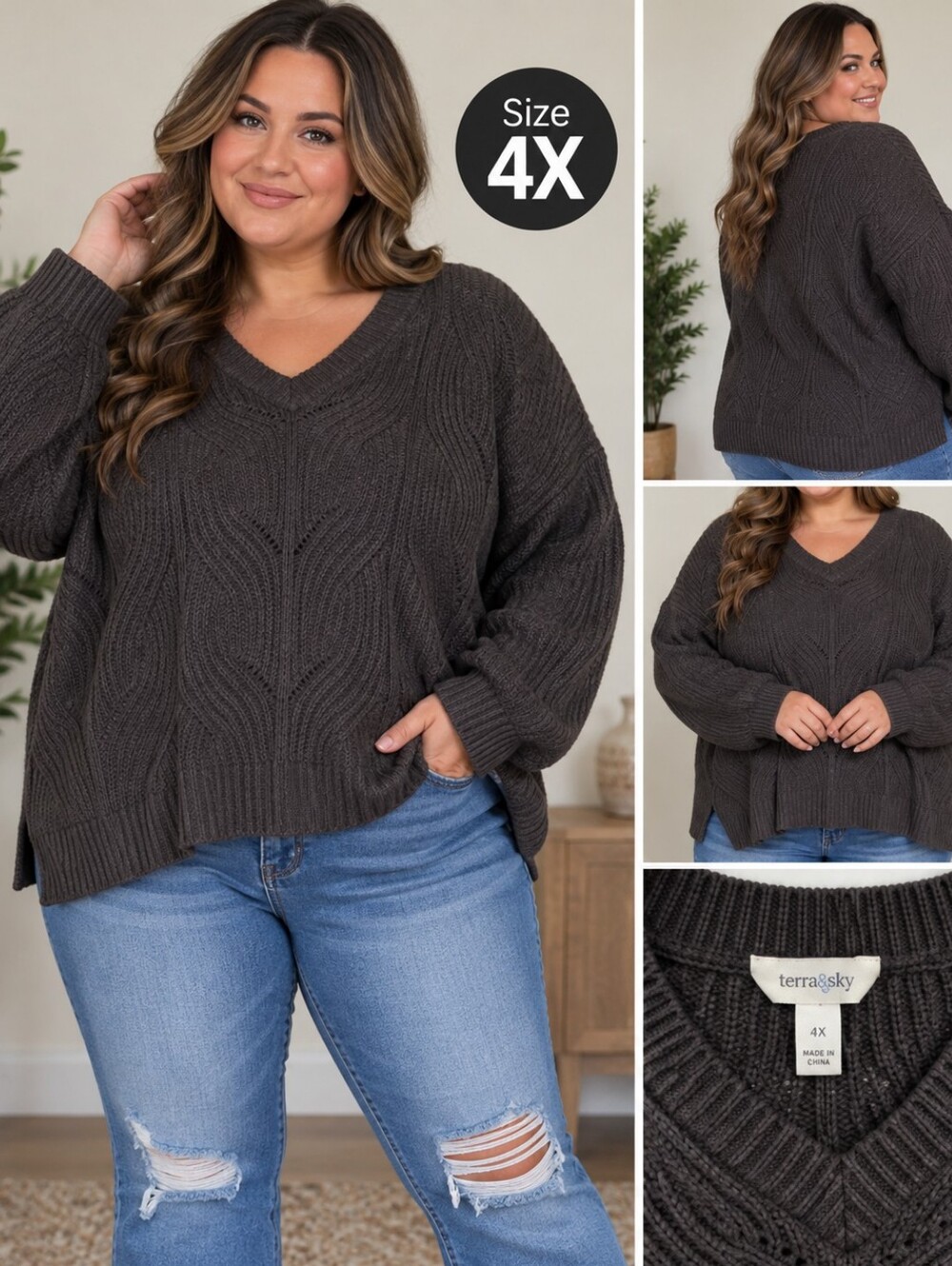 Terra & sky Women's 4X brown knit sweater #28